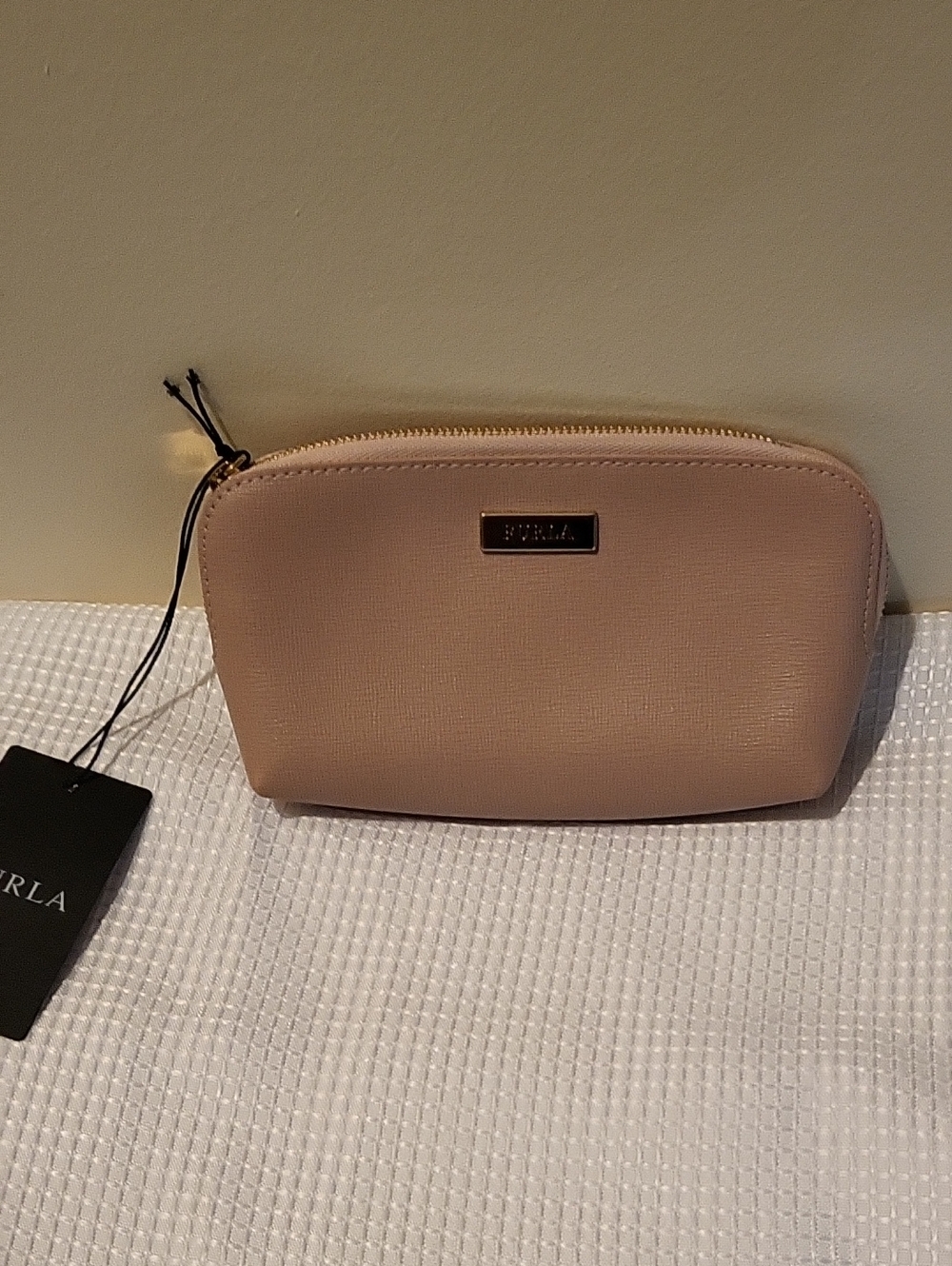 Furla Pale Pink Saffiano Cosmetic Case with Gold Hardware New With Tags